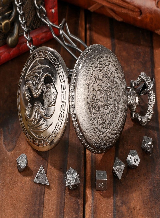 Keller & Weber Mini DND Dice Set with Steampunk Double Dragon Pocket Watch Case, Tiny 7-Piece Polyhedral Metal D&D Dice, DND Gifts with Gift Box, Role Playing Game Board Game Accessories Dice, Dark Silver - Image 4